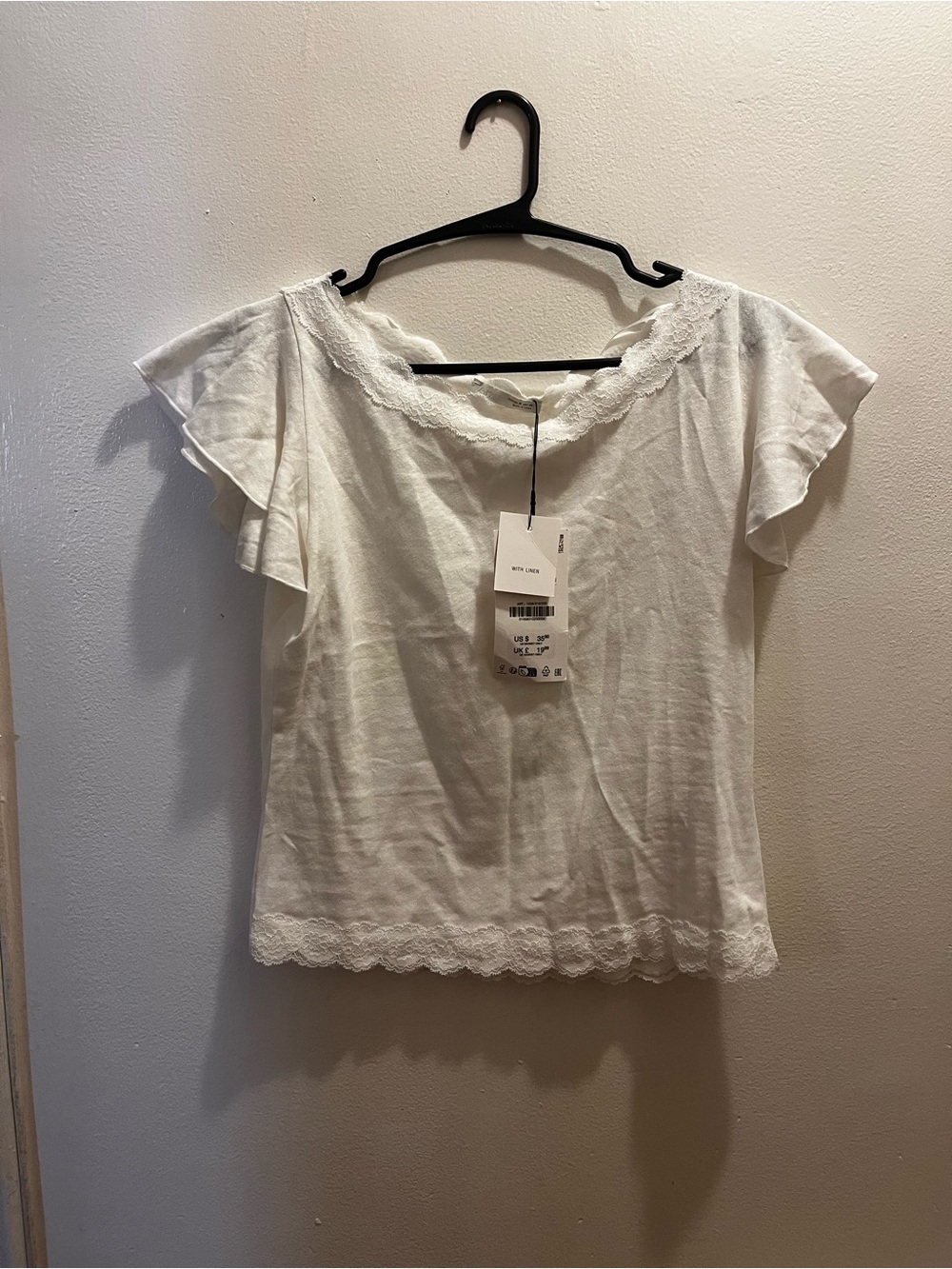 Zara White Lace Trim Flutter Sleeve Top